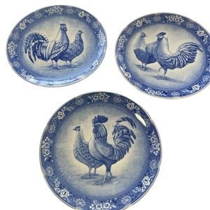 3 rooster and hen vintage rare Staffordshire plates